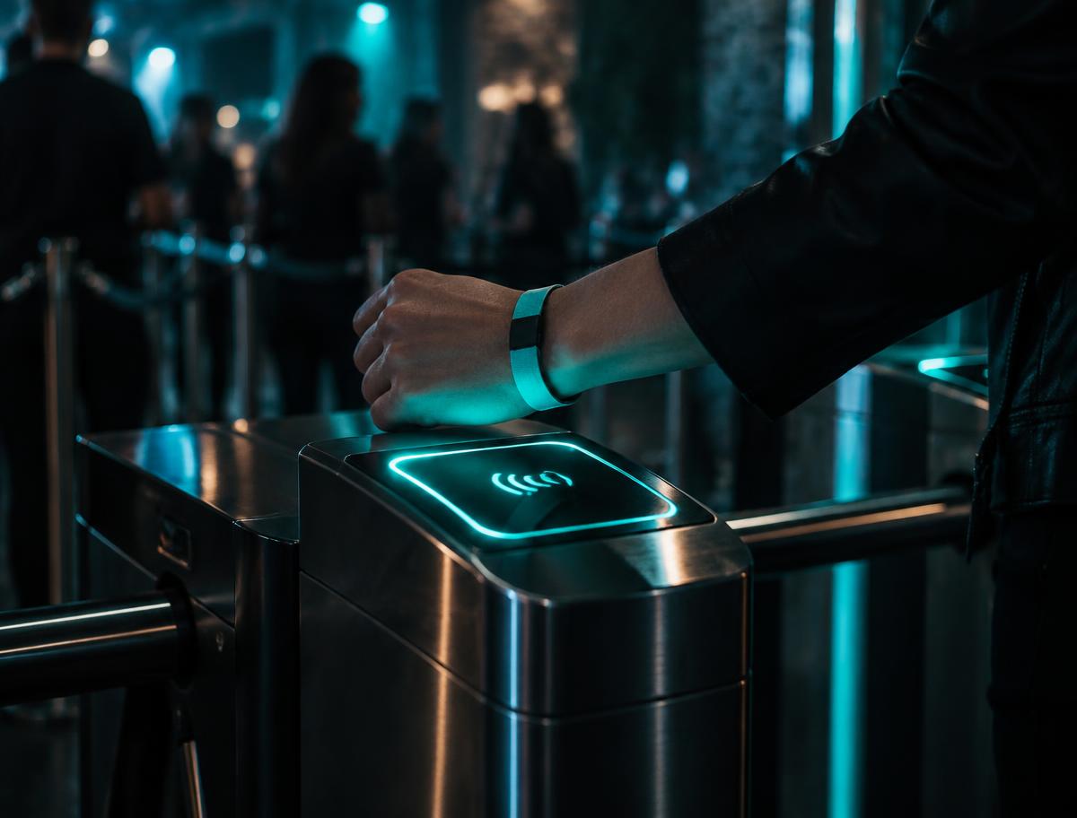 Gate staff checking tickets at an event entrance at night