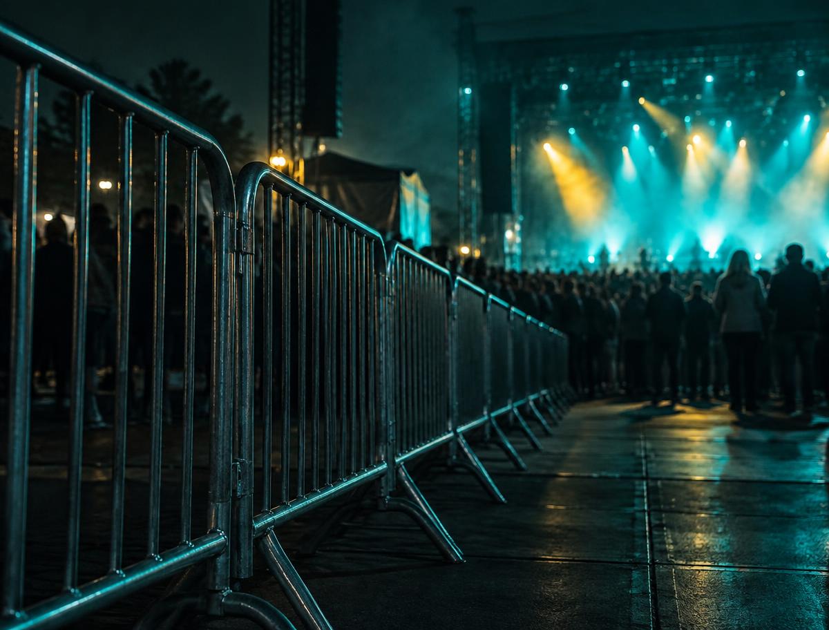 Row of steel crowd control barriers lining the entrance to a night concert