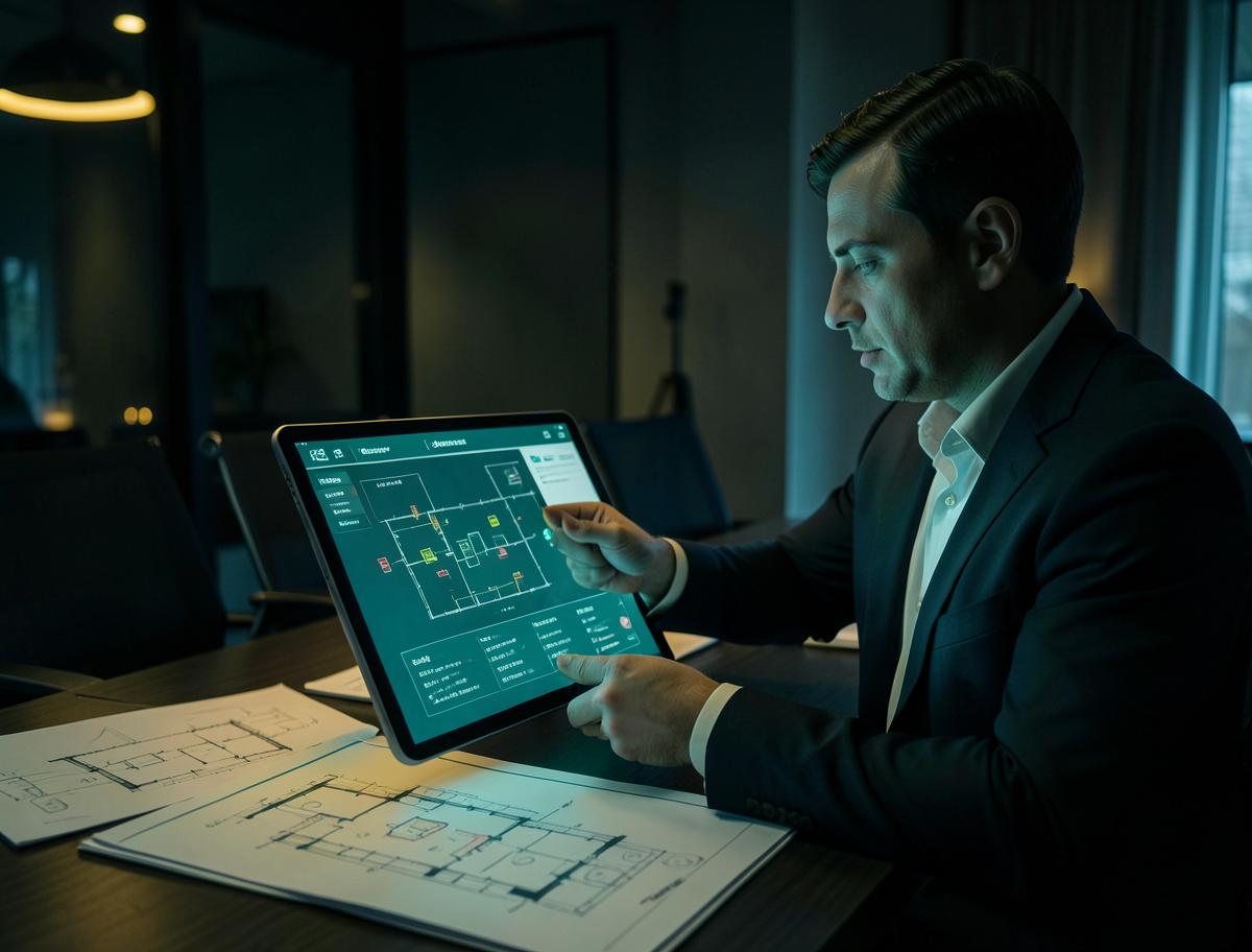 Event consultant reviewing a venue floor plan and logistics checklist on a tablet in a dark meeting room