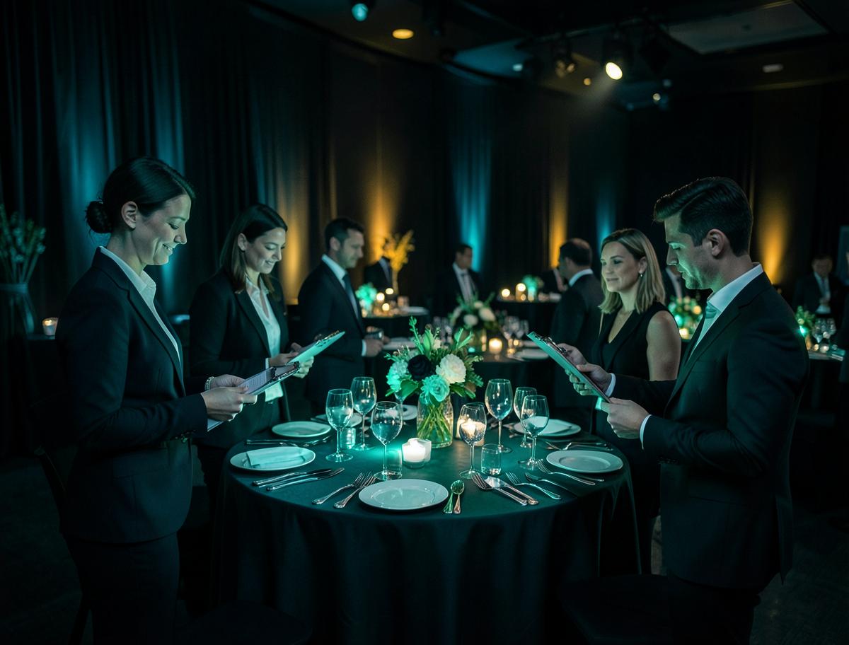 Event planning team coordinating an elegant corporate gala with teal accent lighting and round tables