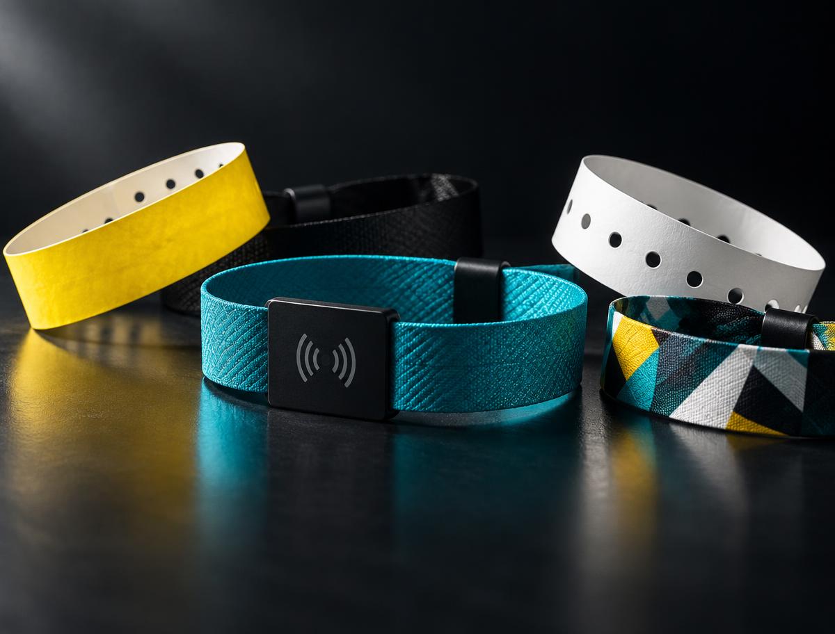 Premium fabric and Tyvek event wristbands in teal, yellow, black and white on a dark surface